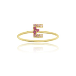 Gold-ring with "E"  letter - red and white micro-set cz stones | MACOVAL SLU