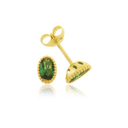 Gold - stud earrings - knurled oval shape with an emerald color cz stone | Macoval SLU