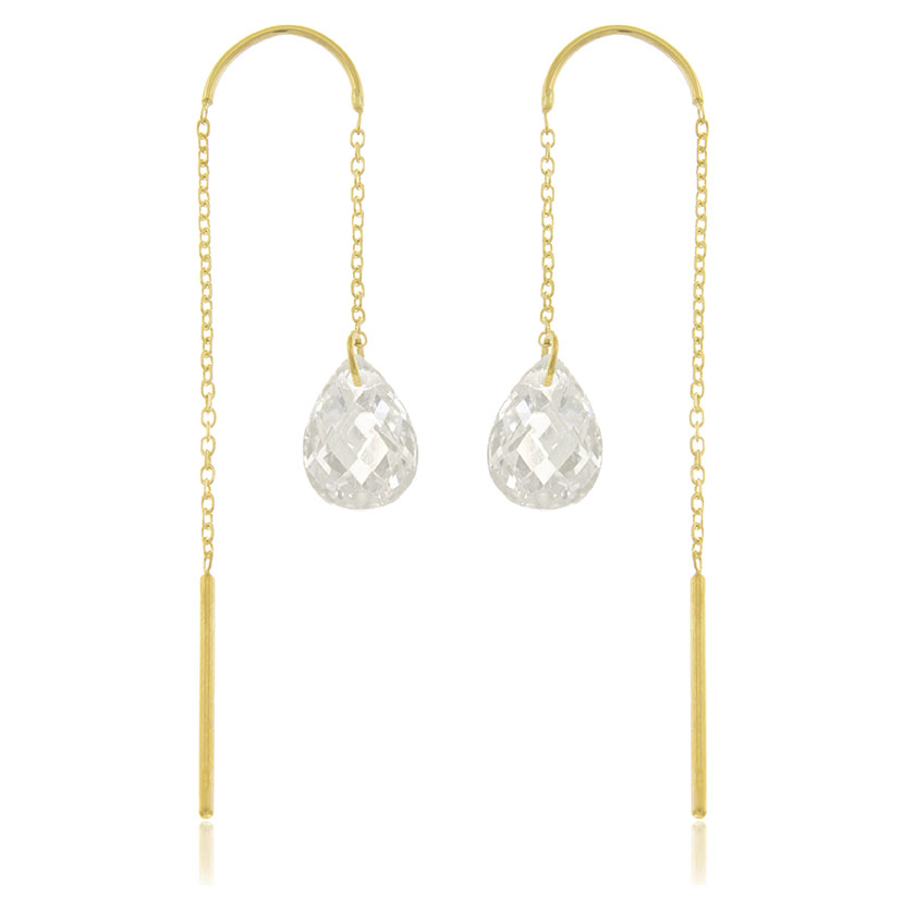 18K - PENDIENTES LARGOS CON 2 BRIOLET LAGRIMA 10x7mm + 2 BARRAS