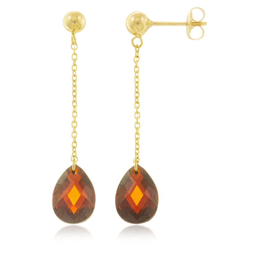 9K - PENDIENTES LARGOS CON BOLAS ORO + BRIOLET LAGRIMA GRANATE