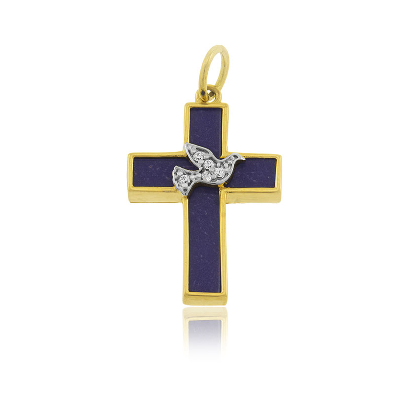 14K - COLGANTE CRUZ PIEDRA AZUL Y PALOMA CON CIRCONITAS