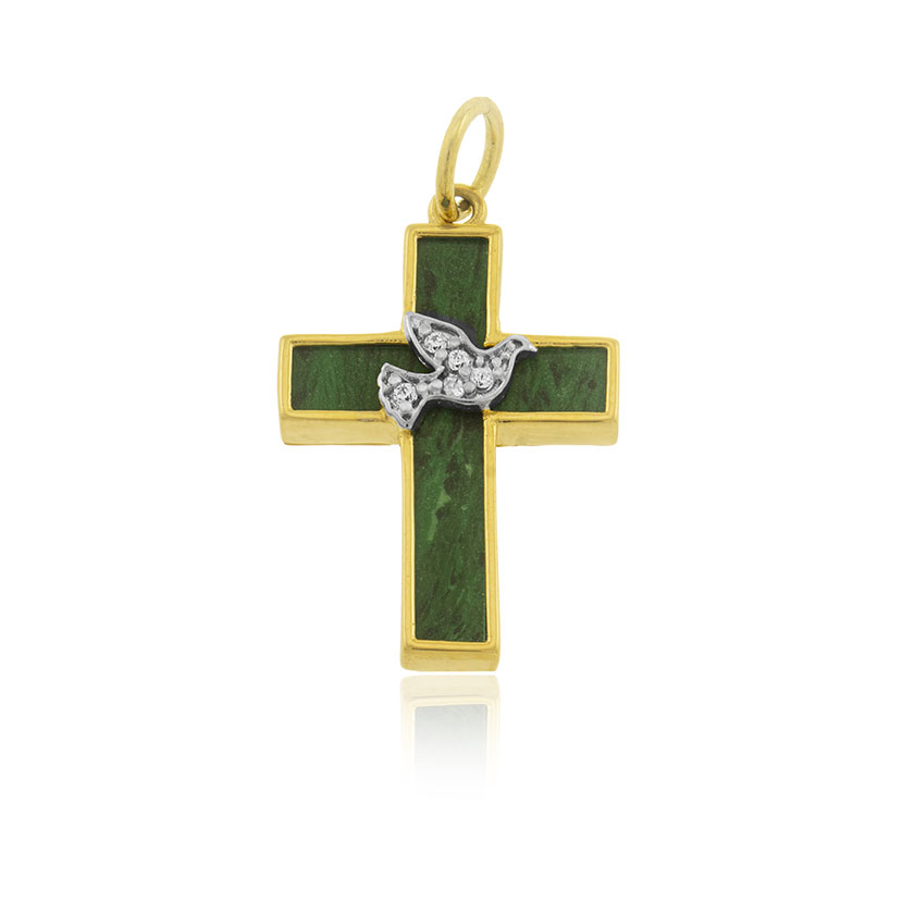 9K - COLGANTE CRUZ PIEDRA VERDE Y PALOMA CON CIRCONITAS