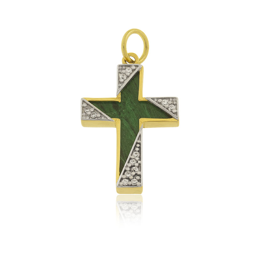 14K - COLGANTE CRUZ PIEDRA VERDE CON CIRCONITAS EN LOS EXTREMOS