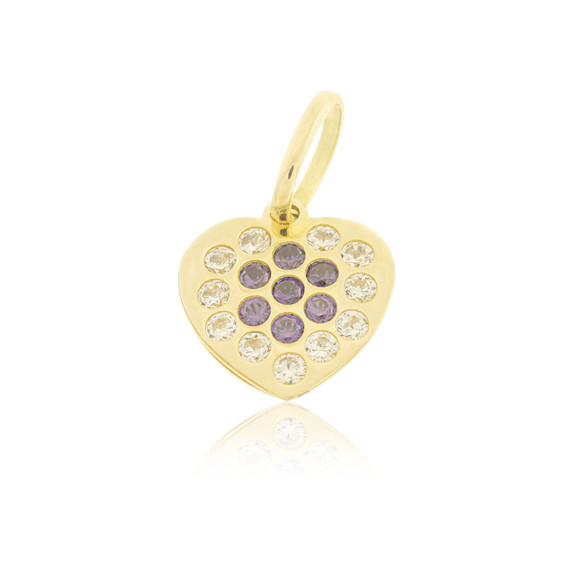 14K - COLGANTE CORAZON (9mm) CON CIRCONITAS CRISTAL Y AMATISTAS