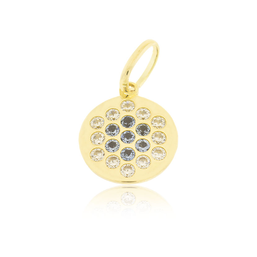 9K - COLGANTE CIRCULO (9mm) CON CIRCONITAS CRISTAL Y AGUAMARINA