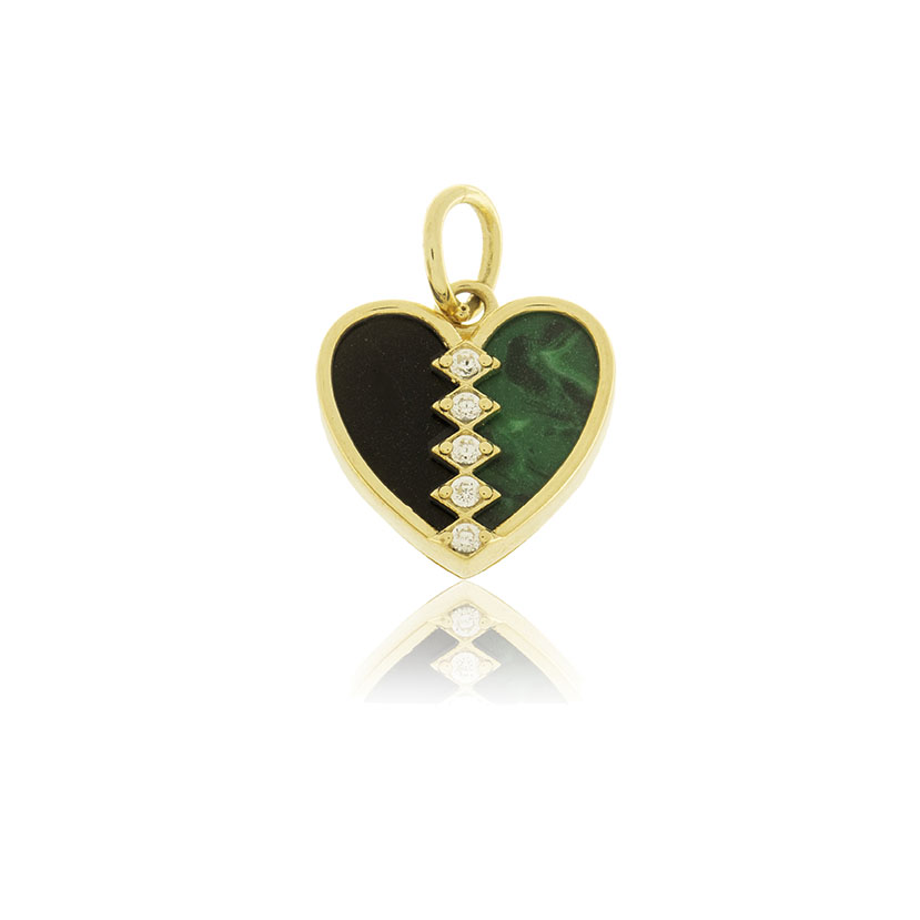 9K - COLGANTE CORAZON (10mm) CON CIRCONITAS Y PIEDRA VERDE