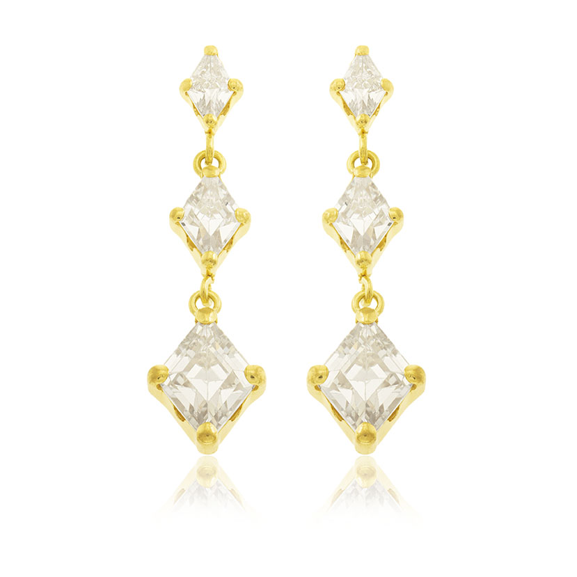 18K - PENDIENTES LARGOS 3 GARRAS Y CIRCONITAS EN FORMA DE ROMBO