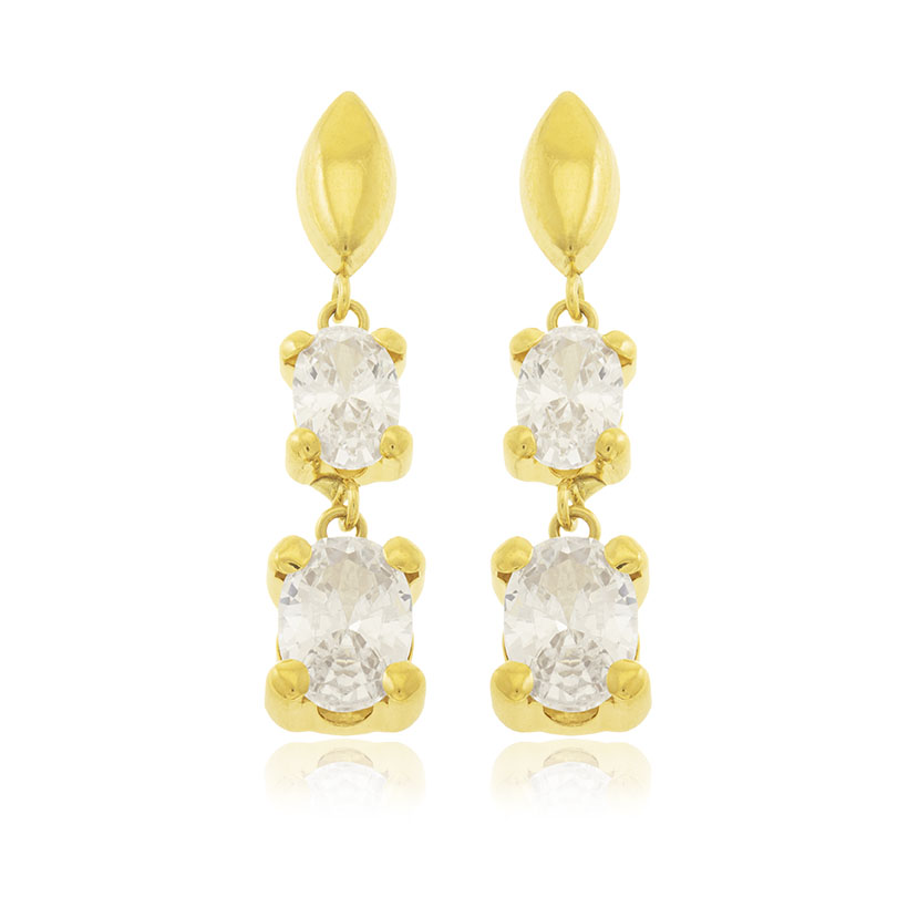 18K - PENDIENTES OVAL LISO Y 2 GARRAS CON CIRCONITAS OVALES