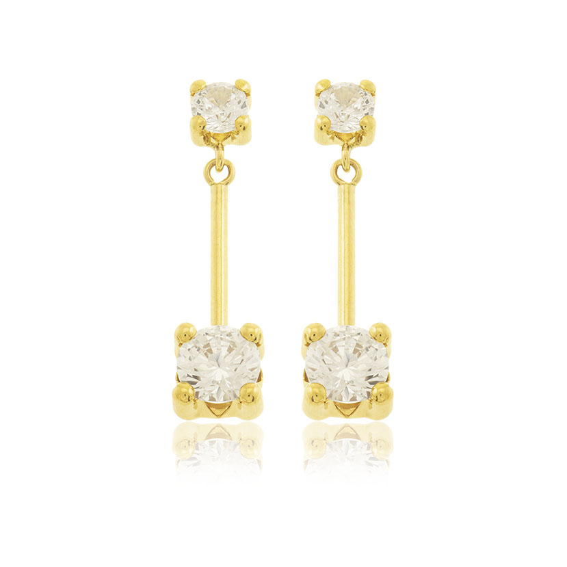 14K - PENDIENTES LARGOS CON 2 GARRAS Y CIRCONITAS REDONDAS