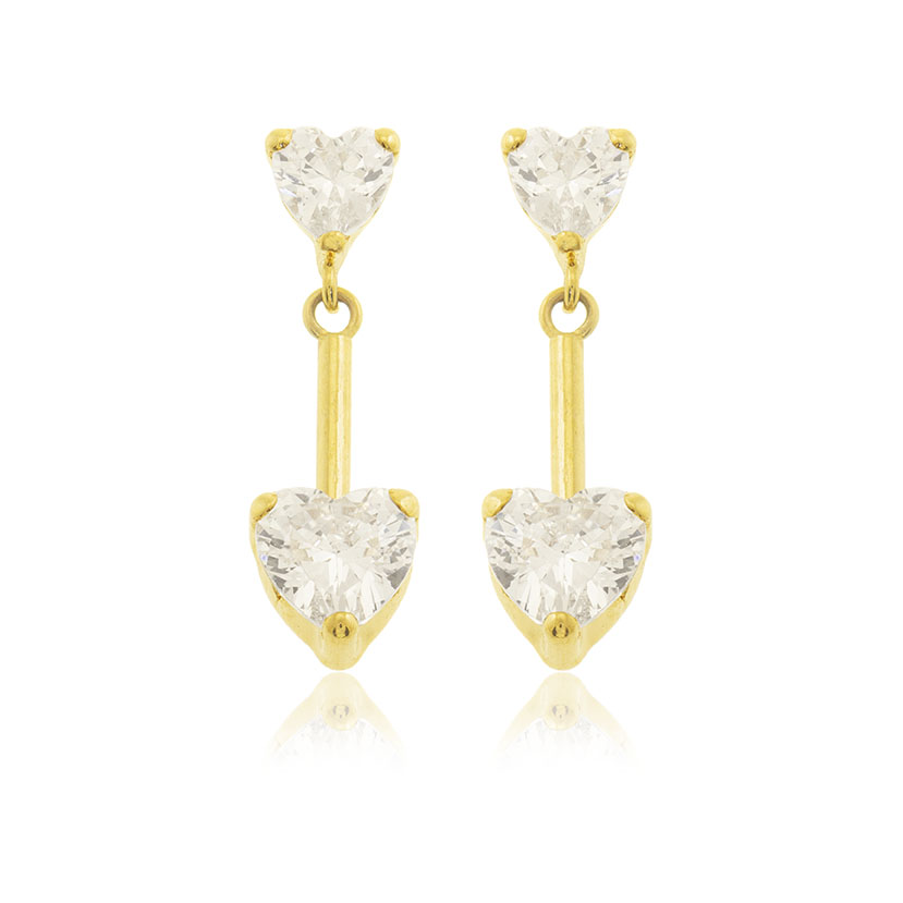 18K - PENDIENTES LARGOS CON 2 GARRAS Y CIRCONITAS FORMA CORAZON