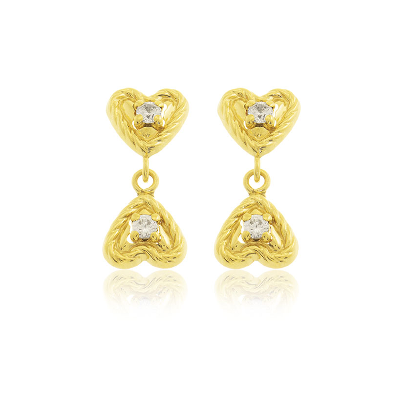 18K - PENDIENTES LARGOS CON 2 CORAZONES (6mm) Y CIRCONITAS