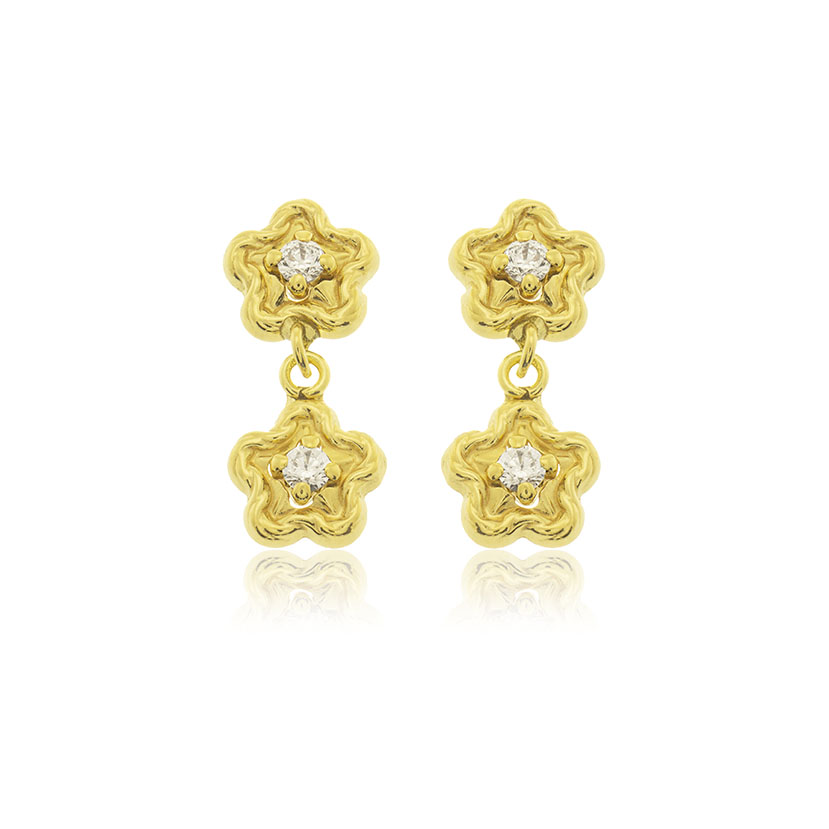 18K - PENDIENTES LARGOS CON 2 FLORES (6mm) Y CIRCONITAS