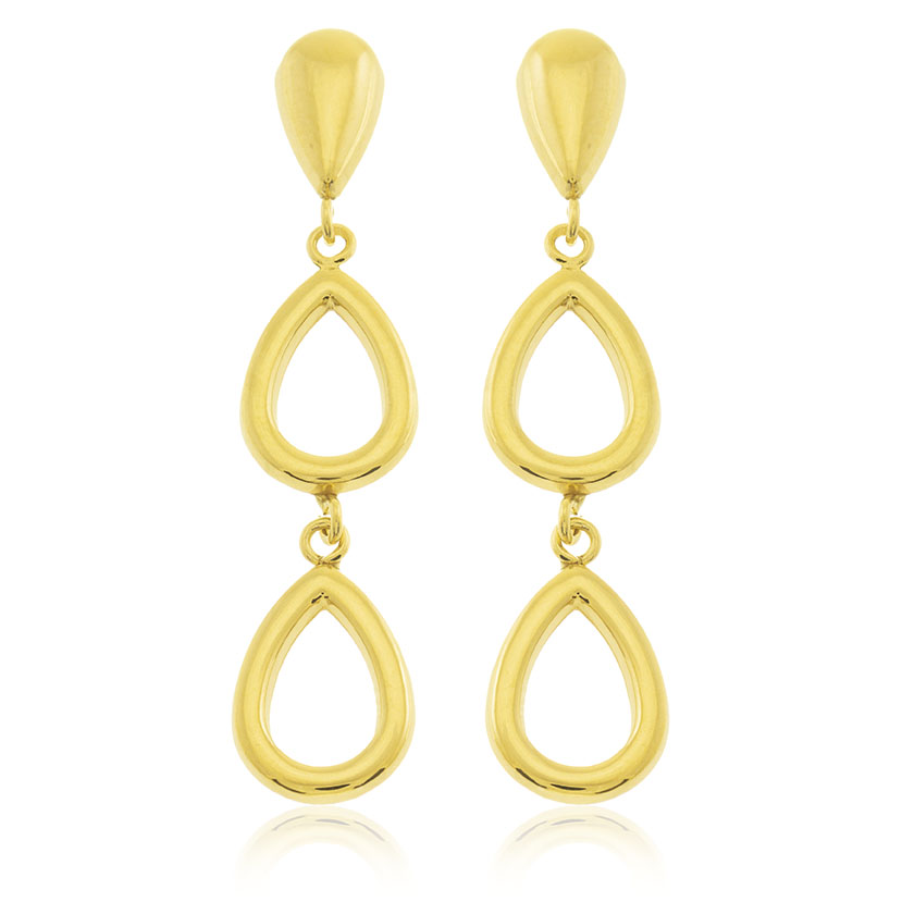 14K - PENDIENTES LARGOS CON LAGRIMA LISA Y 2 LAGRIMAS CALADAS