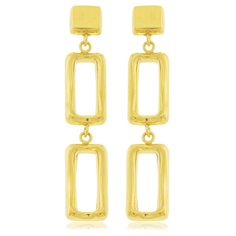 14K - PENDIENTES LARGOS CUADRADO LISO CON 2 ESLABONES CALADOS