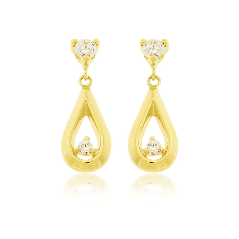 18K - PENDIENTES LARGOS GARRA CON LAGRIMA Y CIRCONITAS REDONDAS