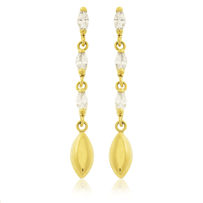 18K - PENDIENTES 3 GARRAS CON CIRCONITAS MARQUISES Y OVAL LISO