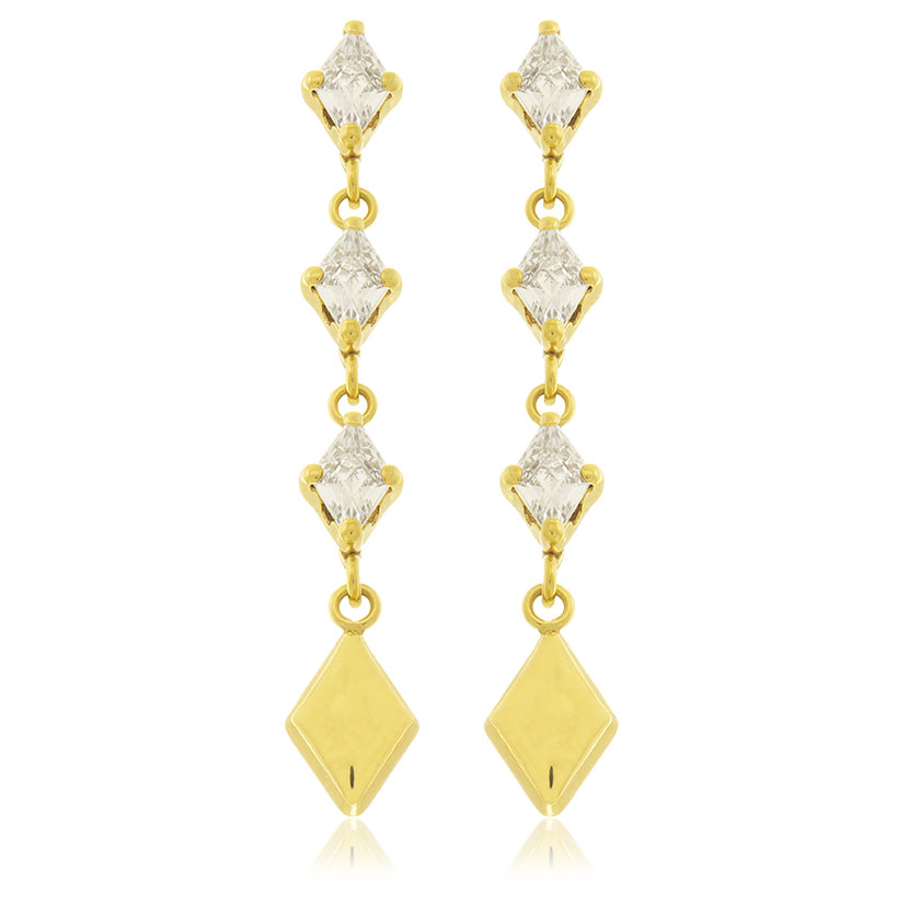 18K - PENDIENTES 3 GARRAS CON CIRCONITAS (5x3mm) Y ROMBO LISO