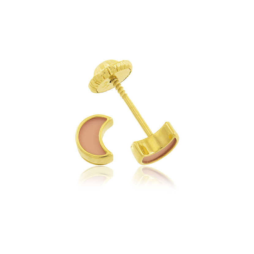 18K - PENDIENTES MEDIA LUNA (5.5mm) CON PIEDRA ROSA