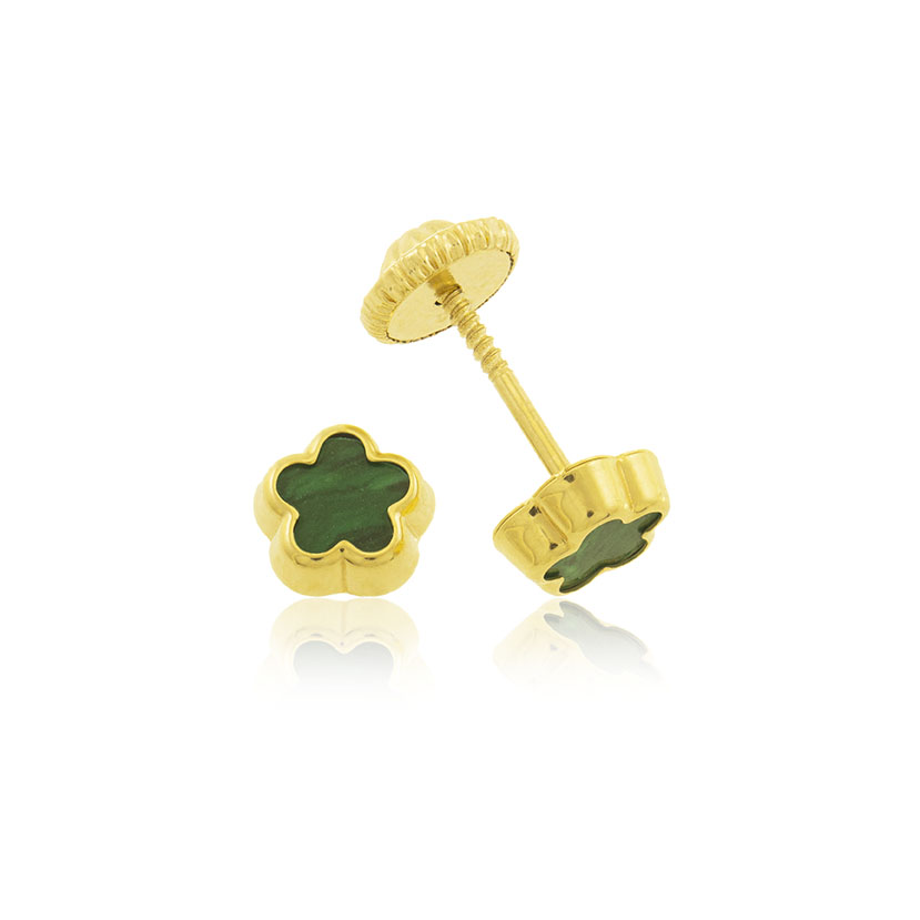 18K - PENDIENTES MARGARITA 5.5mm CON RESINA COLOR MALAQUITA