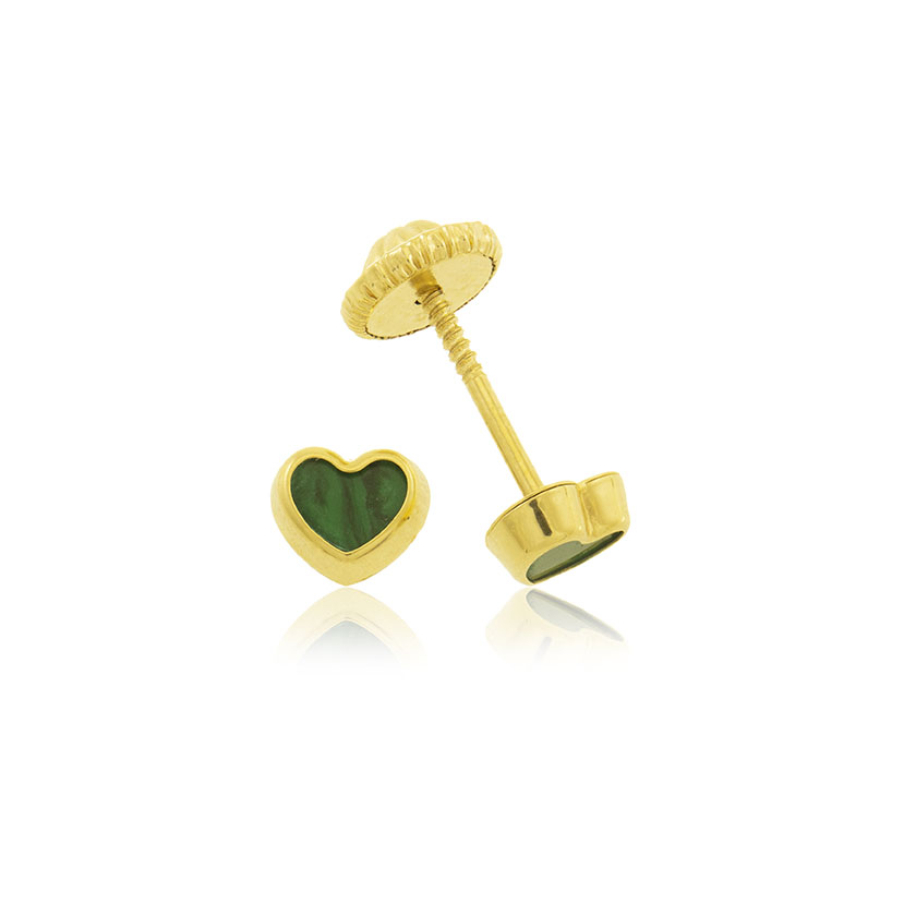 18K - PENDIENTES CORAZON MINI 5.5mm CON RESINA COLOR MALAQUITA