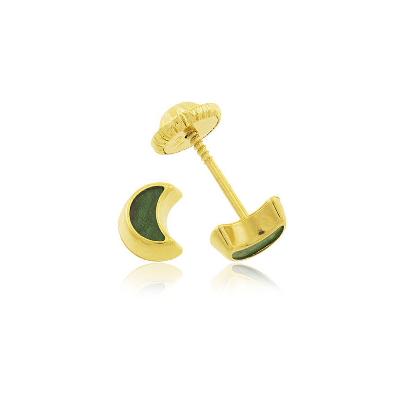 18K- PENDIENTES MEDIA LUNA 5.5mm CON RESINA COLOR MALAQUITA