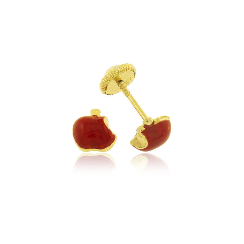 18K - PENDIENTES MANZANA BOCADO (5mm) CON ESMALTE ROJO