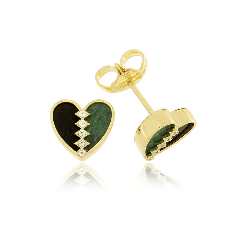 9K - PENDIENTES CORAZON (8.5mm) CON CIRCONITAS Y PIEDRA VERDE