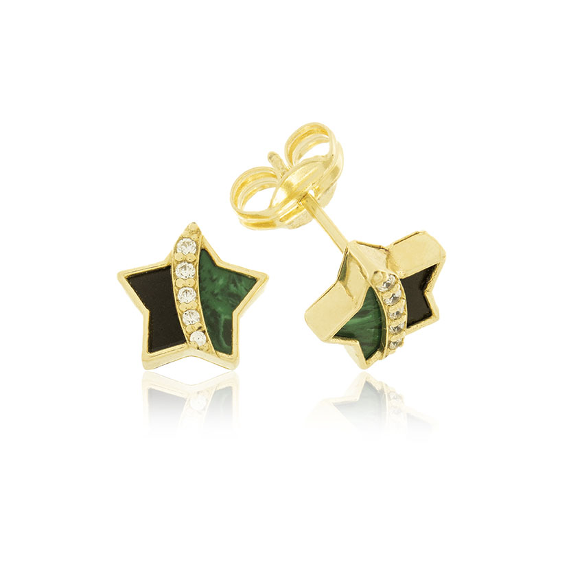 14K - PENDIENTES ESTRELLA (8.5mm) CON CIRCONITAS Y PIEDRA VERDE