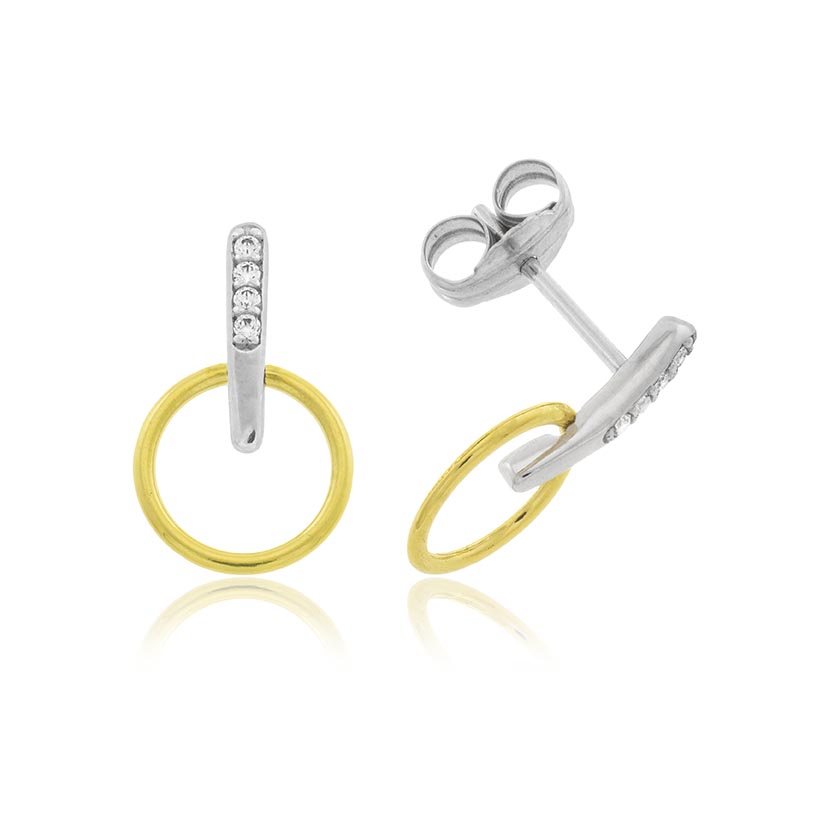 18K - PENDIENTES BICOLOR CIRCULO CON BANDA Y CIRCONITAS (8x13mm)
