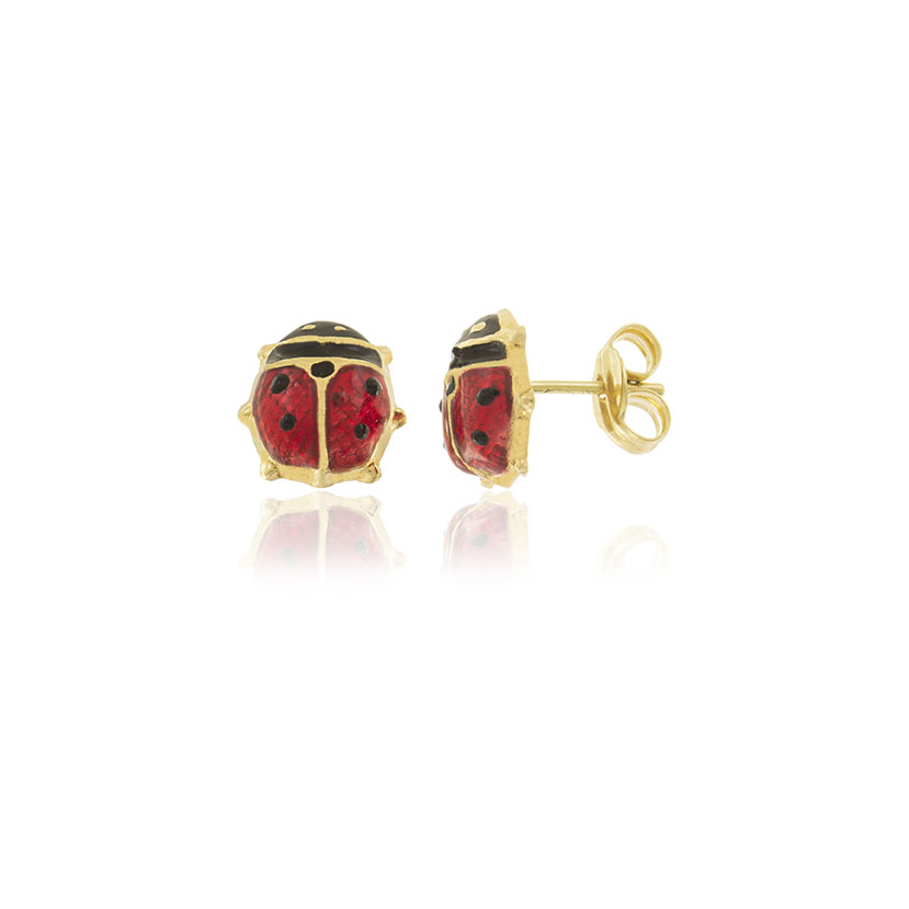 18K - PENDIENTES MARIQUITA SIN ESPALDA, ESMALTE ROJO/NEGRO