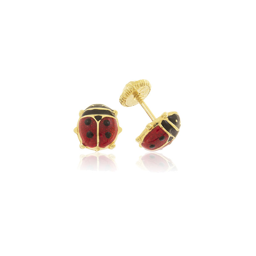 18K - PENDIENTES MARIQUITA CON ESPALDA, ESMALTE ROJO/NEGRO 5x6mm