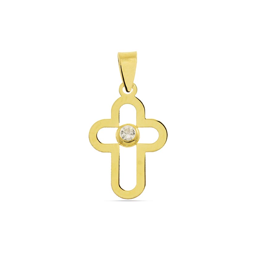 18K - COLGANTE CRUZ CALADA DE CORTE LASER 10x14mm CON CIRCONITA