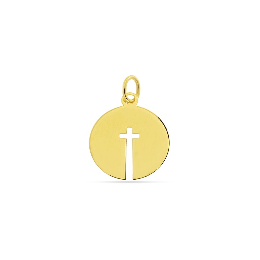 9K - COLGANTE MEDALLA DE CORTE LASER 10mm CON CRUZ CALADA