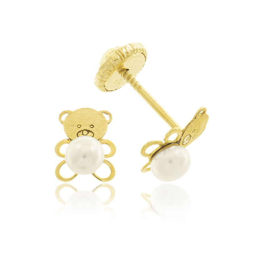 18K - PENDIENTES OSITO SATINADO CON PERLA EN BARRIGA (3mm) - Haga un click en la imagen para cerrar