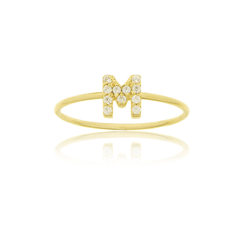 14K - ANILLO LETRA "M" CON 11 CIRCONITAS