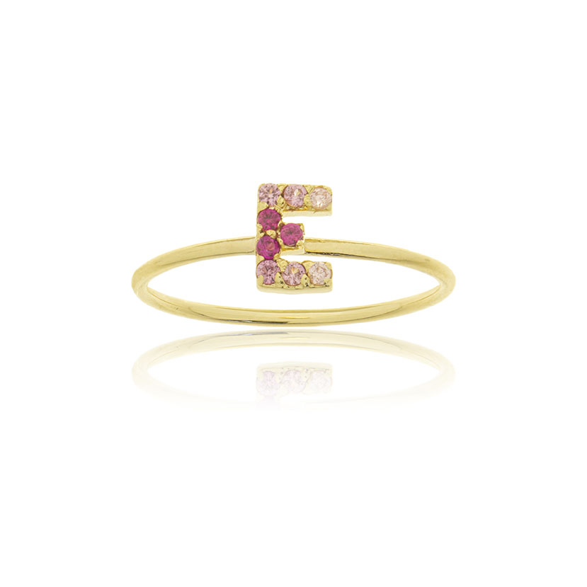 18K - ANILLO LETRA "E" CON 9 CIRCONITAS DE COLORES