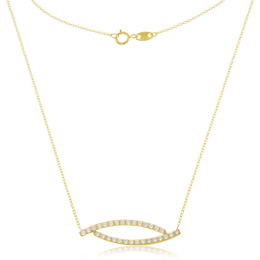 14K - GARGANTILLA BARRETA CURVA DOBLE DE 25mm CON 30 CIRCONITAS