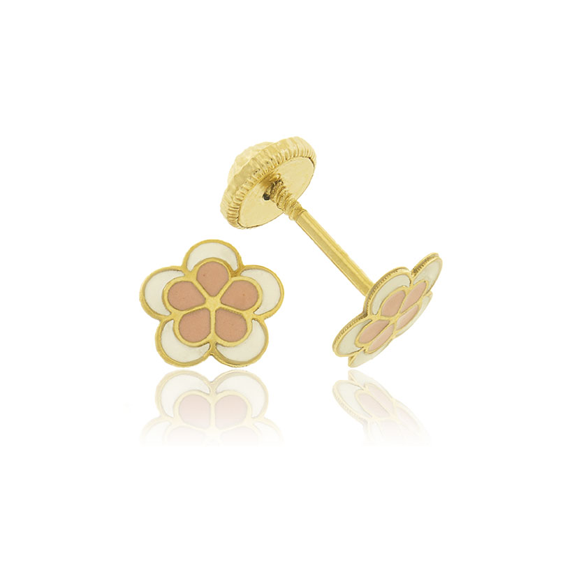 9K - PENDIENTES FLOR 5 PETALOS 6mm CON ESMALTE ROSA + BLANCO