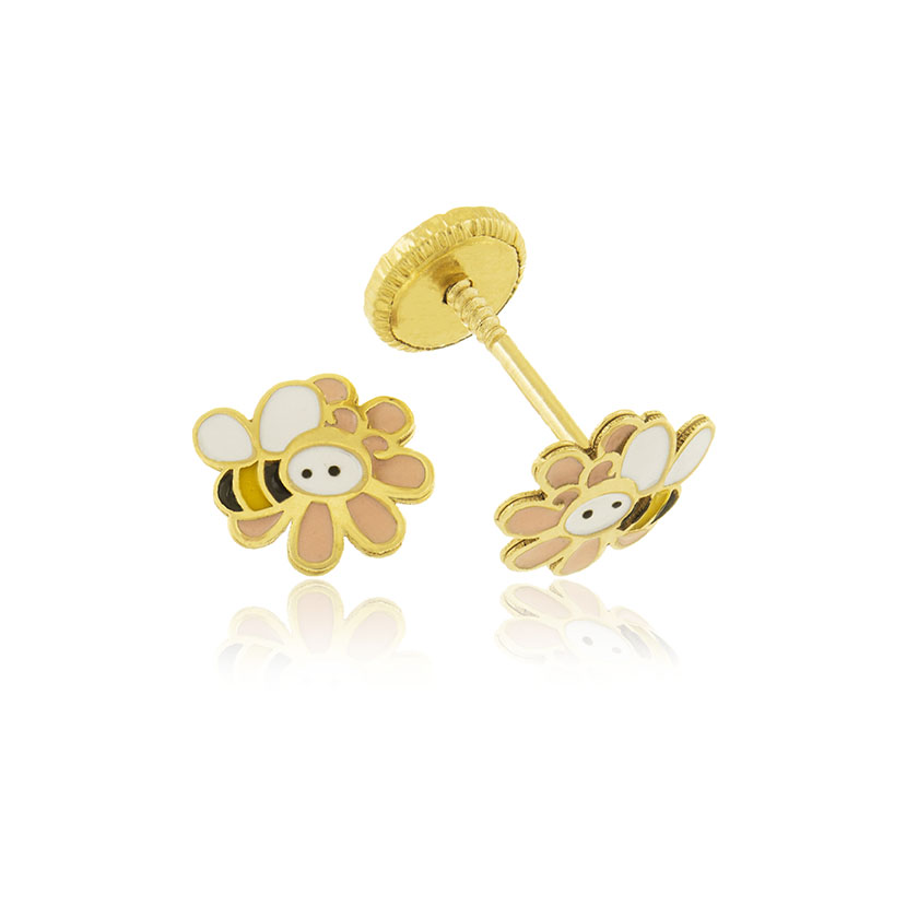 18K - PENDIENTES FLOR Y ABEJA 6.5mm DE ESMALTE