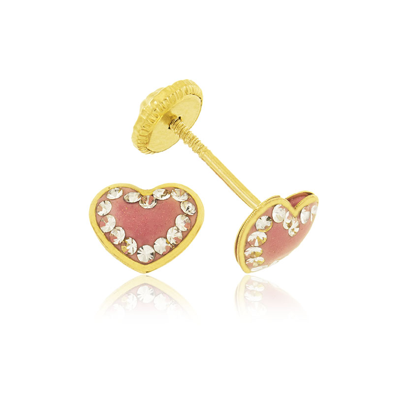 18K- PENDIENTES CORAZON CON PASTA COLOR ROSA FUCSIA Y CIRCONITAS