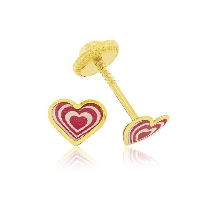 18K - PENDIENTES CORAZON CON CORAZONES DE ESMALTE DE IMPRESION