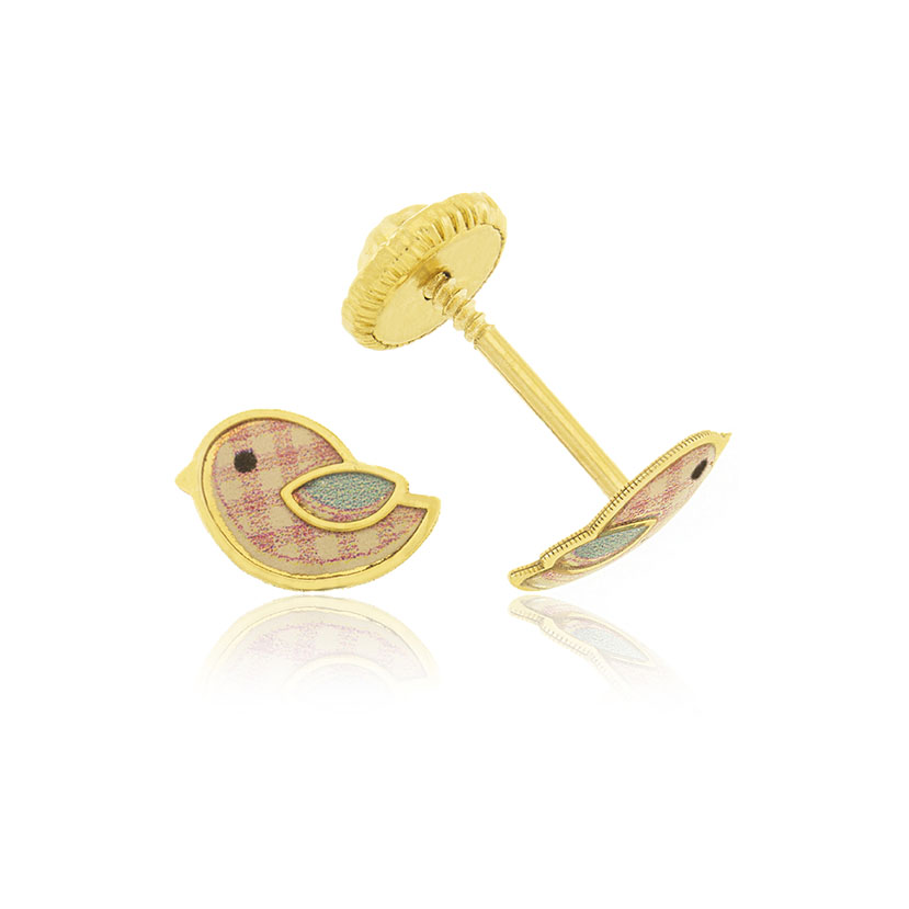 18K - PENDIENTES PAJARITO ESMALTE DE IMPRESION AZUL/ROSA CLARO