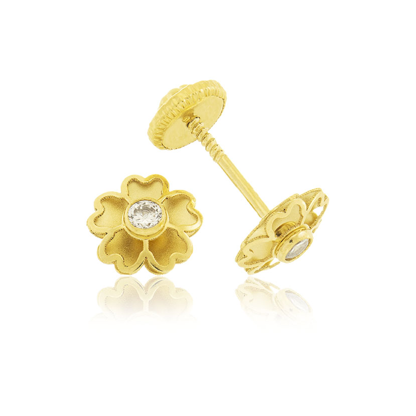 18K - PENDIENTES FLOR 5 PETALOS FORMA CORAZONES CON CIRCONITA