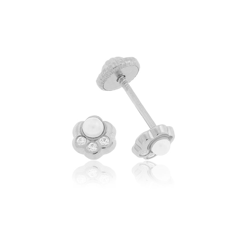 9K - PENDIENTES FLOR 4.80mm CON PERLA Y CIRCONITAS. ORO BLANCO