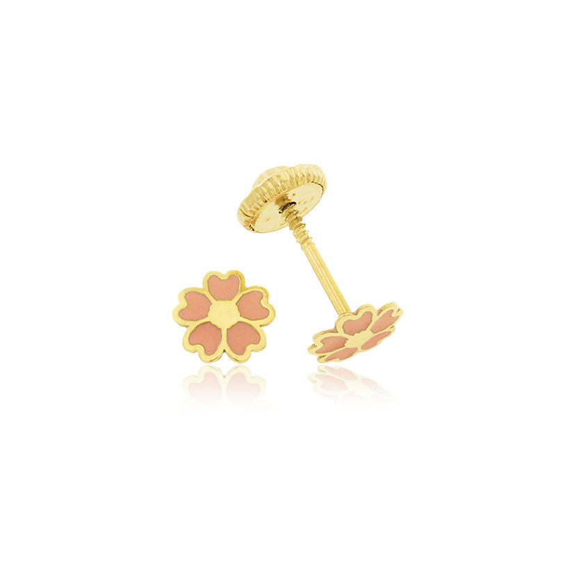 18K - PENDIENTES FLOR 5 PETALOS ESMALTADOS CON FORMA CORAZONES
