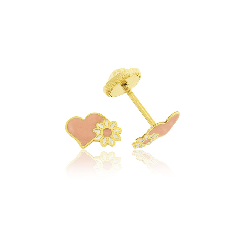 14K - PENDIENTES CORAZON ESMALTE ROSA (6x4mm) CON FLOR MINI