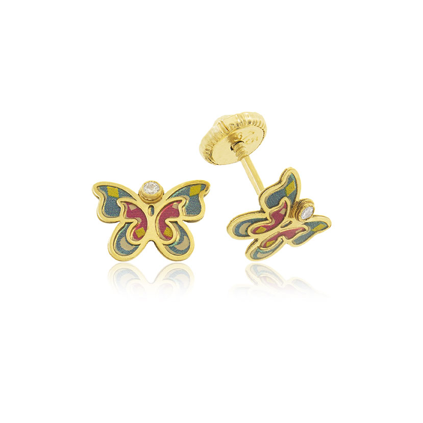 9K - PENDIENTES MARIPOSA 8mm CON CIRCONITA Y ESMALTE IMPRESION