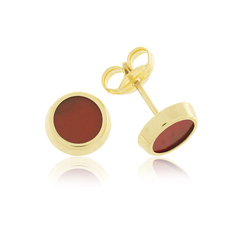 14K - PENDIENTES REDONDOS 7.30mm CON PIEDRA ROJA. CIERRE PRESION