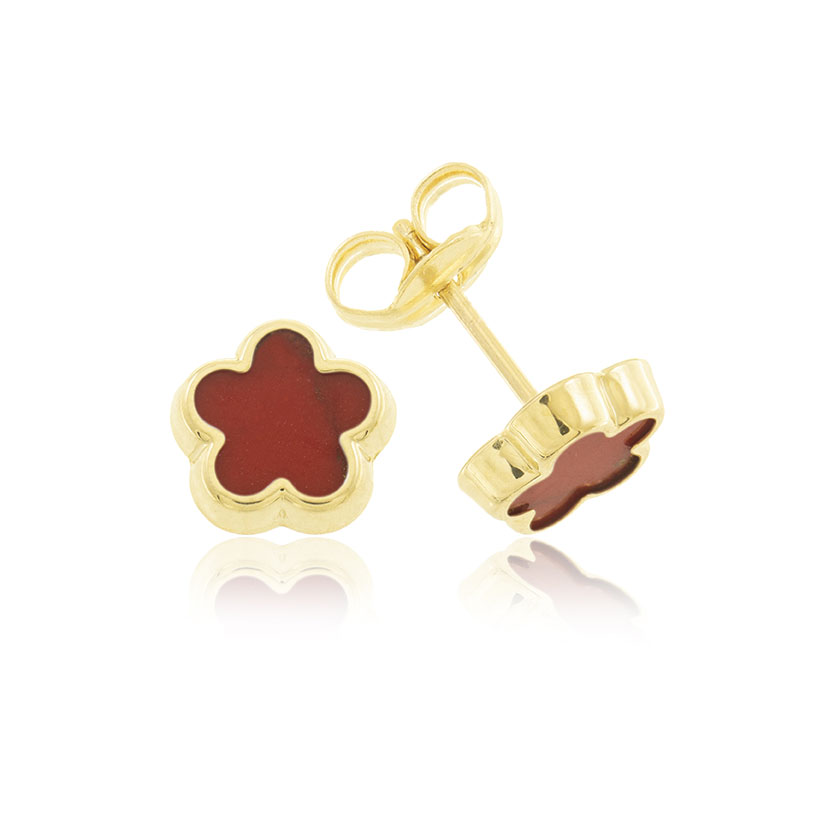 14K - PENDIENTES MARGARITA (7mm) CON PIEDRA ROJA. CIERRE PRESION