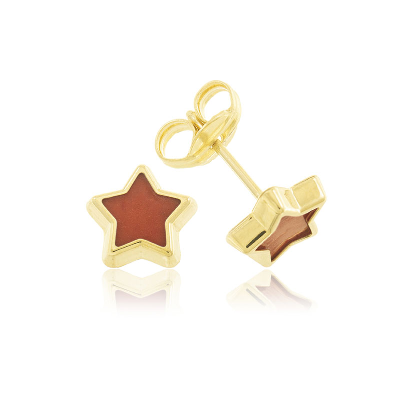 14K - PENDIENTES ESTRELLA (7mm) CON PIEDRA ROJA. CIERRE PRESION